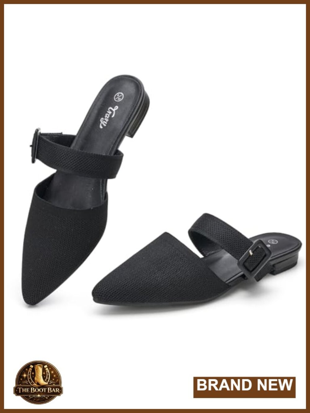 Pointed Toe Knit Mule Flats Adjustable Strap Comfortable Slip On Shoes